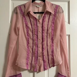 NWT Pink Sheer Lace Trim Blouse